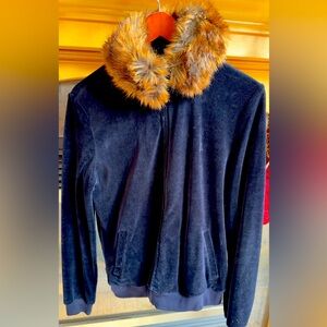 Women’s Medium Ralph Lauren Velour Jacket Pants Set in Deep Navy Faux Fur Collar